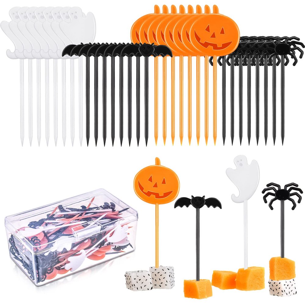 120 Pieces Halloween Cocktail Toothpicks Plastic Pumpkin Ghost Bat Spider Toothpicks for Cupcakes, Food, Cocktails, Appetizers Halloween Themed Party Supply Decor