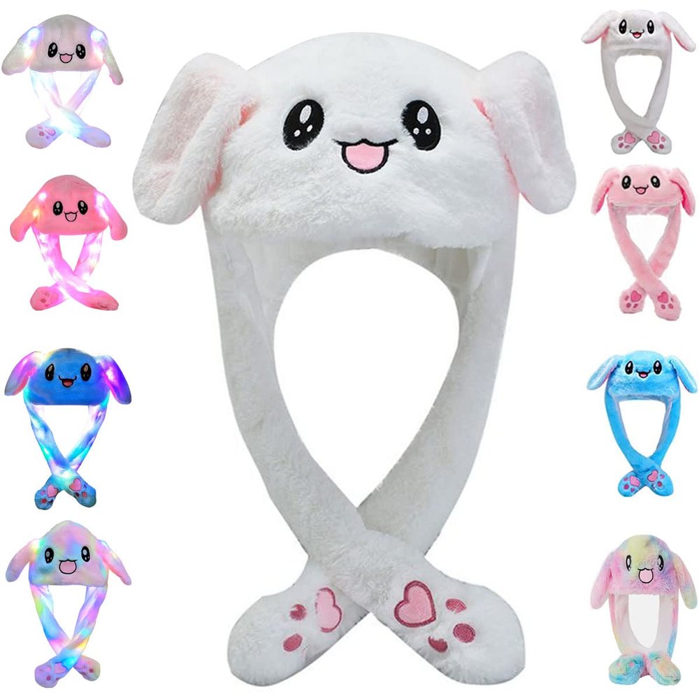 umbresen Bunny Hat Ear Moving Jumping Rabbit Hat Funny Cute Plush Animal Cap with Paws for Kids Women Girl Party Christmas Holiday Birthday Dress up Cosplay Costume Gift (White)