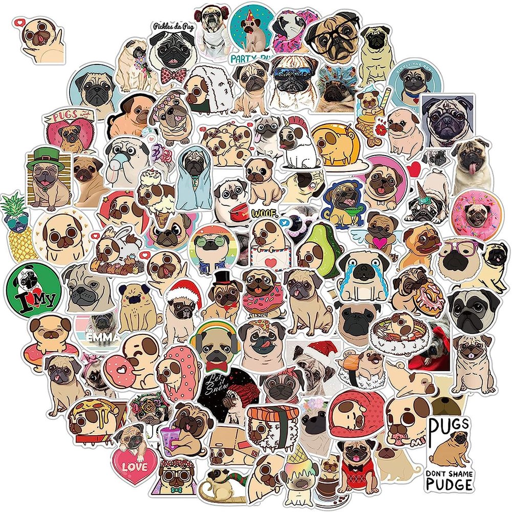 100 Pack Cute Pug Dog Stickers for Water Bottle Car Laptop, Waterproof Aesthetic Trendy Sticker, Great Gift for Pug Lover Kids Teens