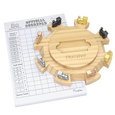 plusvivo Mexican Train Dominoes Accessories, Mexican Train Dominoes Set 3 PCS- 1* Pine Wooden Mexican Train Hub, 8 * Metal Colorful Mexican Train Markers, 1 * 70-Sheet Mexican Train Score Pads