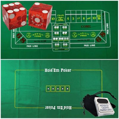 Cyber-Deals Craps & Texas Hold'em Poker Essentials Set: 2-Sided 6ft x 3ft Felt Layout, Las Vegas Casino Table-Played Dice & Cards, Plus Storage Pouch (Caesar's Palace (Red Polished))
