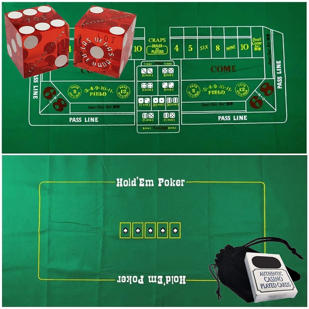 Cyber-Deals Craps & Texas Hold'em Poker Essentials Set: 2-Sided 6ft x 3ft Felt Layout, Las Vegas Casino Table-Played Dice & Cards, Plus Storage Pouch (Caesar's Palace (Red Polished))