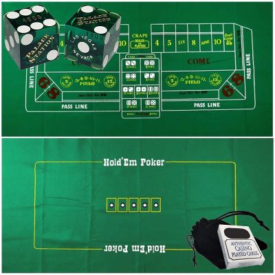 Cyber-Deals Craps & Texas Holdem Poker Essentials Set: 2-Sided 6ft x 3ft Felt Layout, Las Vegas Casino Table-Played Dice & Cards, Plus Storage Pouch (Palace Station (Green Polished))