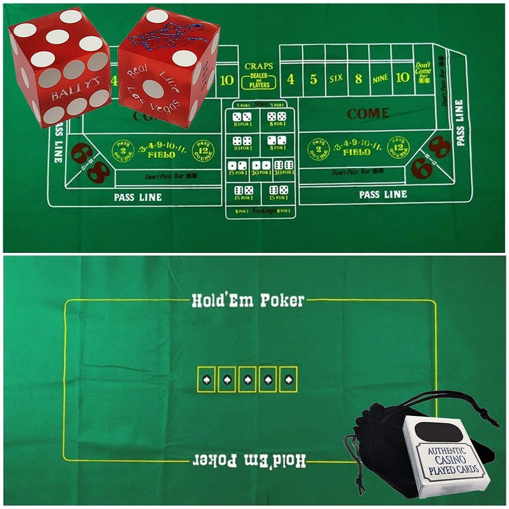 Cyber-Deals Craps & Texas Hold'em Poker Essentials Set: 2-Sided 6ft x 3ft Felt Layout, Las Vegas Casino Table-Played Dice & Cards, Plus Storage Pouch (Bally's (Red Frosted))