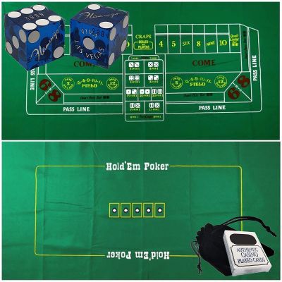 Cyber-Deals Craps & Texas Hold'em Poker Essentials Set: 2-Sided 6ft x 3ft Felt Layout, Las Vegas Casino Table-Played Dice & Cards, Plus Storage Pouch (Flamingo (Blue Polished))