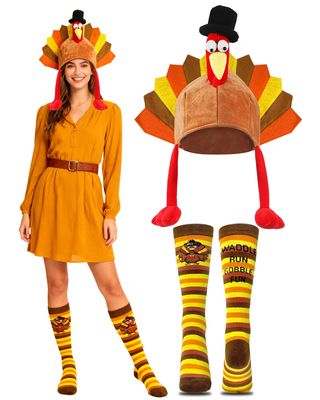 Asekonc 2 Pack Thanksgiving Turkey Hat and Turkey Trot Socks for Thanksgiving Holiday Costume Decorations Party Favor Supplies