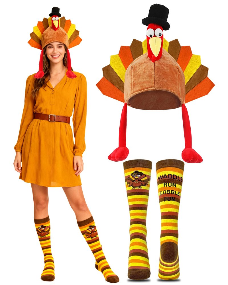 Asekonc 2 Pack Thanksgiving Turkey Hat and Turkey Trot Socks for Thanksgiving Holiday Costume Decorations Party Favor Supplies