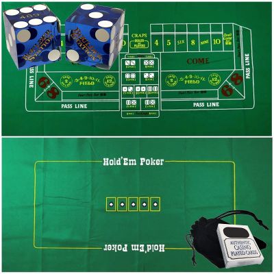 Cyber-Deals Craps & Texas Hold'em Poker Essentials Set: 2-Sided 6ft x 3ft Felt Layout, Las Vegas Casino Table-Played Dice & Cards, Plus Storage Pouch (Boulder Station (Blue Polished))