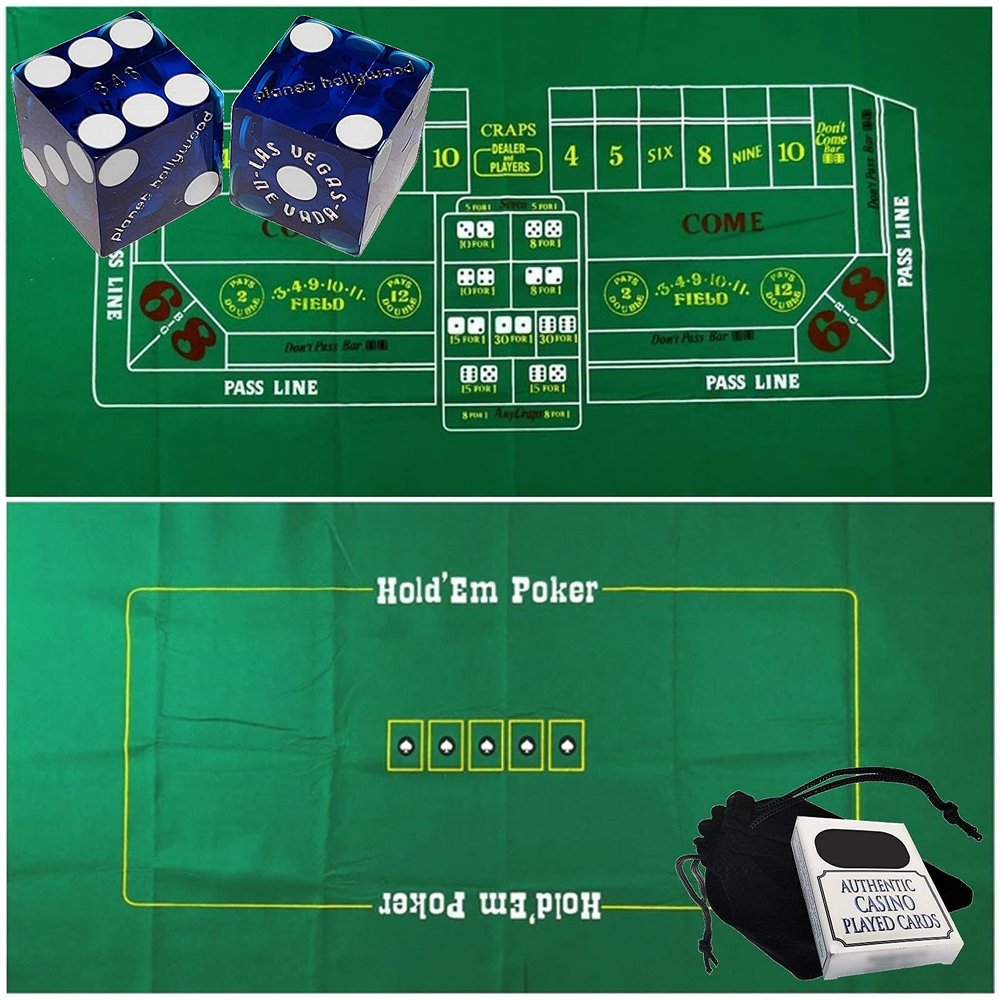 Cyber-Deals Craps & Texas Hold'em Poker Essentials Set: 2-Sided 6ft x 3ft Felt Layout, Las Vegas Casino Table-Played Dice & Cards, Plus Storage Pouch (Planet Hollywood (Blue Polished))