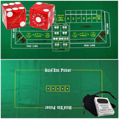 Cyber-Deals Craps & Texas Hold'em Poker Essentials Set: 2-Sided 6ft x 3ft Felt Layout, Las Vegas Casino Table-Played Dice & Cards, Plus Storage Pouch (Planet Hollywood (Red Polished))
