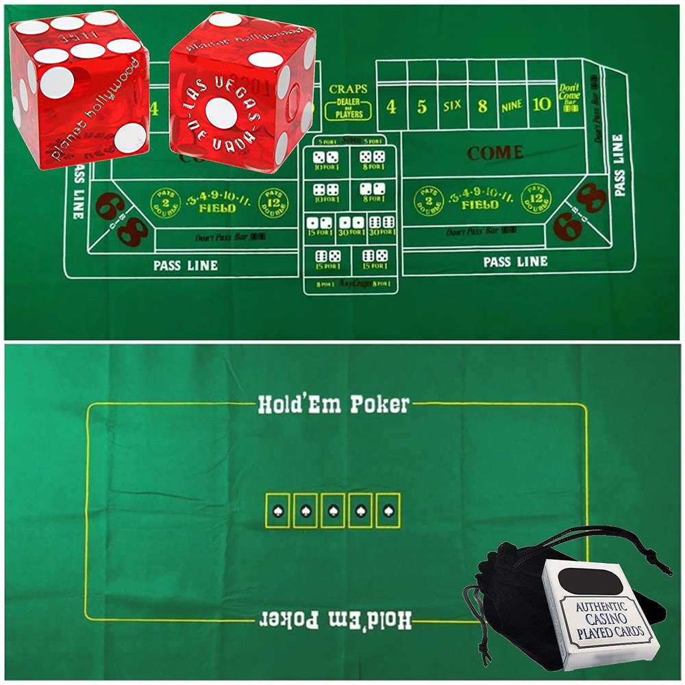 Cyber-Deals Craps & Texas Hold'em Poker Essentials Set: 2-Sided 6ft x 3ft Felt Layout, Las Vegas Casino Table-Played Dice & Cards, Plus Storage Pouch (Planet Hollywood (Red Polished))