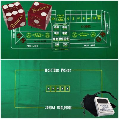 Cyber-Deals Craps & Texas Hold'em Poker Essentials Set: 2-Sided 6ft x 3ft Felt Layout, Las Vegas Casino Table-Played Dice & Cards, Plus Storage Pouch (Binion's (Red Frosted))
