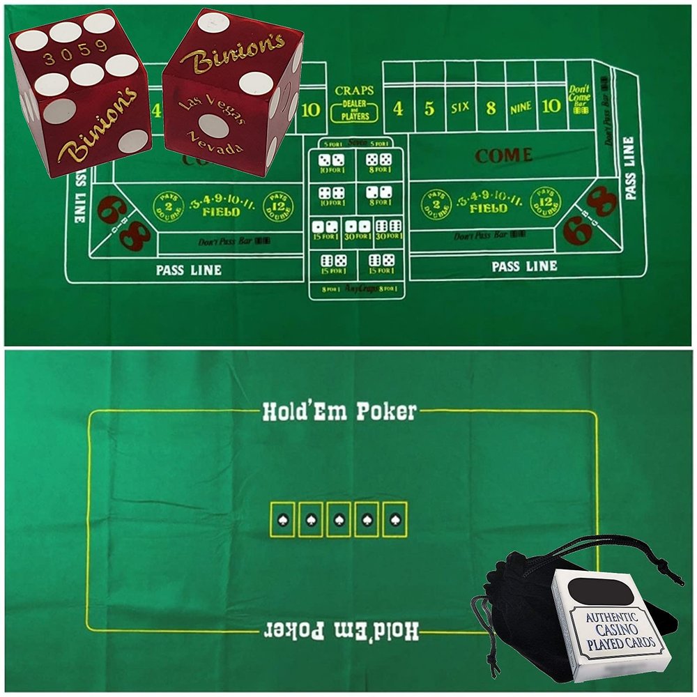 Cyber-Deals Craps & Texas Hold'em Poker Essentials Set: 2-Sided 6ft x 3ft Felt Layout, Las Vegas Casino Table-Played Dice & Cards, Plus Storage Pouch (Binion's (Red Frosted))