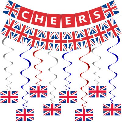 14 Pieces British Party Garland British Flag Hanging Garland Decor Include Cheers Bunting Banner UK Pennant Banner and Hanging Swirl UK Flag