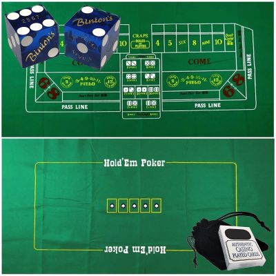 Cyber-Deals, Craps & Texas Hold'em Poker Essentials Set: 2-Sided 6ft x 3ft Felt Layout, Las Vegas Casino Table-Played Dice & Cards, Plus Storage Pouch (Binion's (Blue Polished))