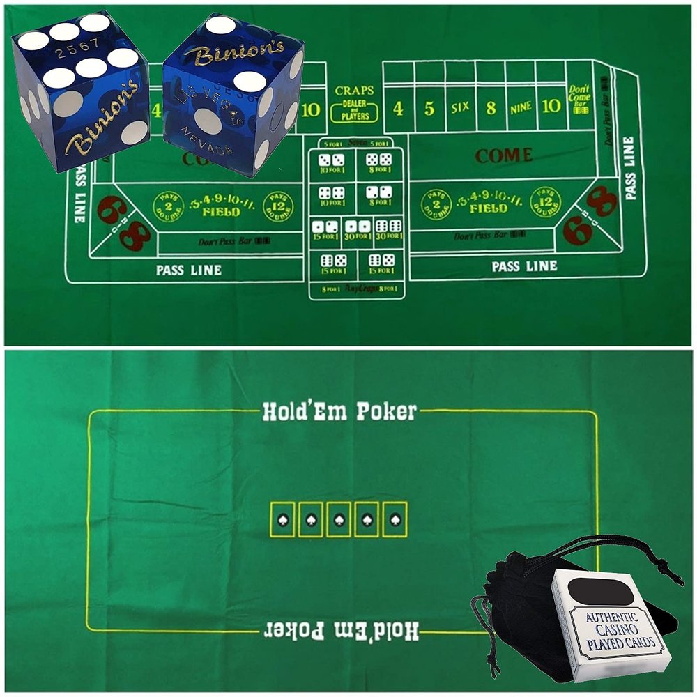 Cyber-Deals, Craps & Texas Hold'em Poker Essentials Set: 2-Sided 6ft x 3ft Felt Layout, Las Vegas Casino Table-Played Dice & Cards, Plus Storage Pouch (Binion's (Blue Polished))