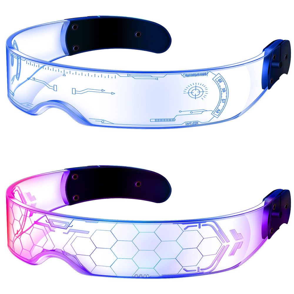 TOODOO 2 Pairs LED Visor Glasses 7 Colors Futuristic Glasses Light up Punk Accessories for Rave Party Costume(Cool Style)