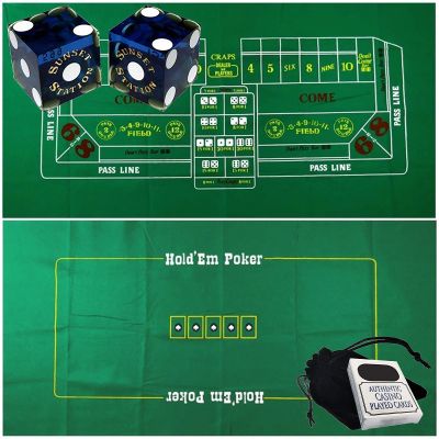 Cyber-Deals Craps & Texas Hold'em Poker Essentials Set: 2-Sided 6ft x 3ft Felt Layout, Las Vegas Casino Table-Played Dice & Cards, Plus Storage Pouch (Sunset Station (Blue Polished))