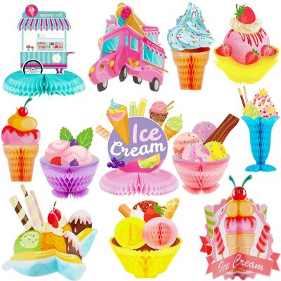 12 Pieces Ice Cream Party Decorations Ice Cream Centerpiece Honeycomb Sundae Topper Decoration Ice Cream Cart Centerpiece for Theme Party Birthday Baby Shower Party Supplies
