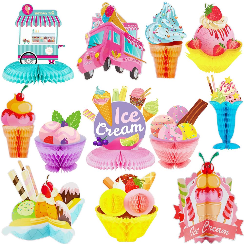 12 Pieces Ice Cream Party Decorations Ice Cream Centerpiece Honeycomb Sundae Topper Decoration Ice Cream Cart Centerpiece for Theme Party Birthday Baby Shower Party Supplies