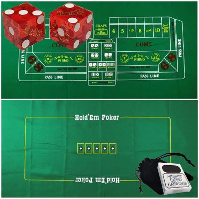 Cyber-Deals Craps & Texas Hold'em Poker Essentials Set: 2-Sided 6ft x 3ft Felt Layout, Las Vegas Casino Table-Played Dice & Cards, Plus Storage Pouch (Harrah's (Red Polished))