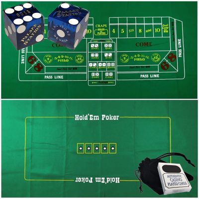 Cyber-Deals Craps & Texas Hold'em Poker Essentials Set: 2-Sided 6ft x 3ft Felt Layout, Las Vegas Casino Table-Played Dice & Cards, Plus Storage Pouch (Palace Station (Blue Polished))