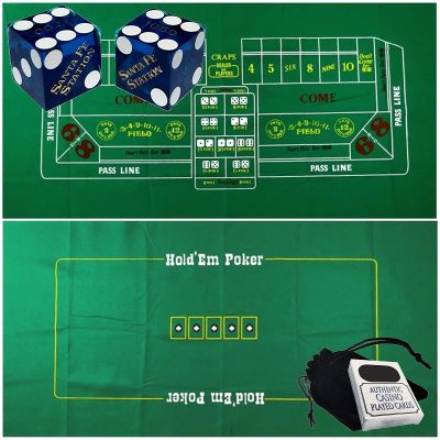 Cyber-Deals Craps & Texas Hold'em Poker Essentials Set: 2-Sided 6ft x 3ft Felt Layout, Las Vegas Casino Table-Played Dice & Cards, Plus Storage Pouch (Santa Fe Station (Blue Polished))
