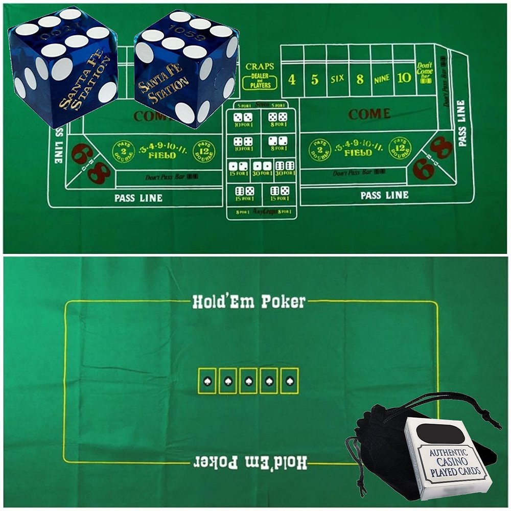 Cyber-Deals Craps & Texas Hold'em Poker Essentials Set: 2-Sided 6ft x 3ft Felt Layout, Las Vegas Casino Table-Played Dice & Cards, Plus Storage Pouch (Santa Fe Station (Blue Polished))