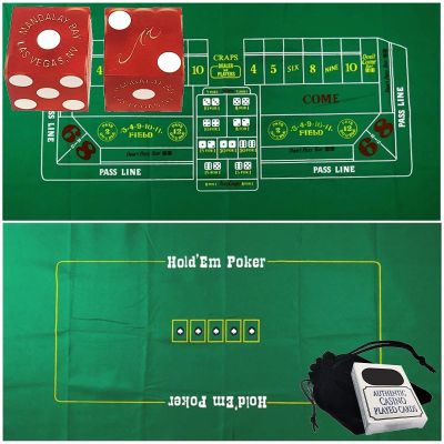Craps & Texas Hold'em Poker Essentials Set: 2-Sided 6ft x 3ft Felt Layout, Las Vegas Casino Table-Played Dice & Cards, Plus Storage Pouch (Mandalay Bay (Red Frosted))
