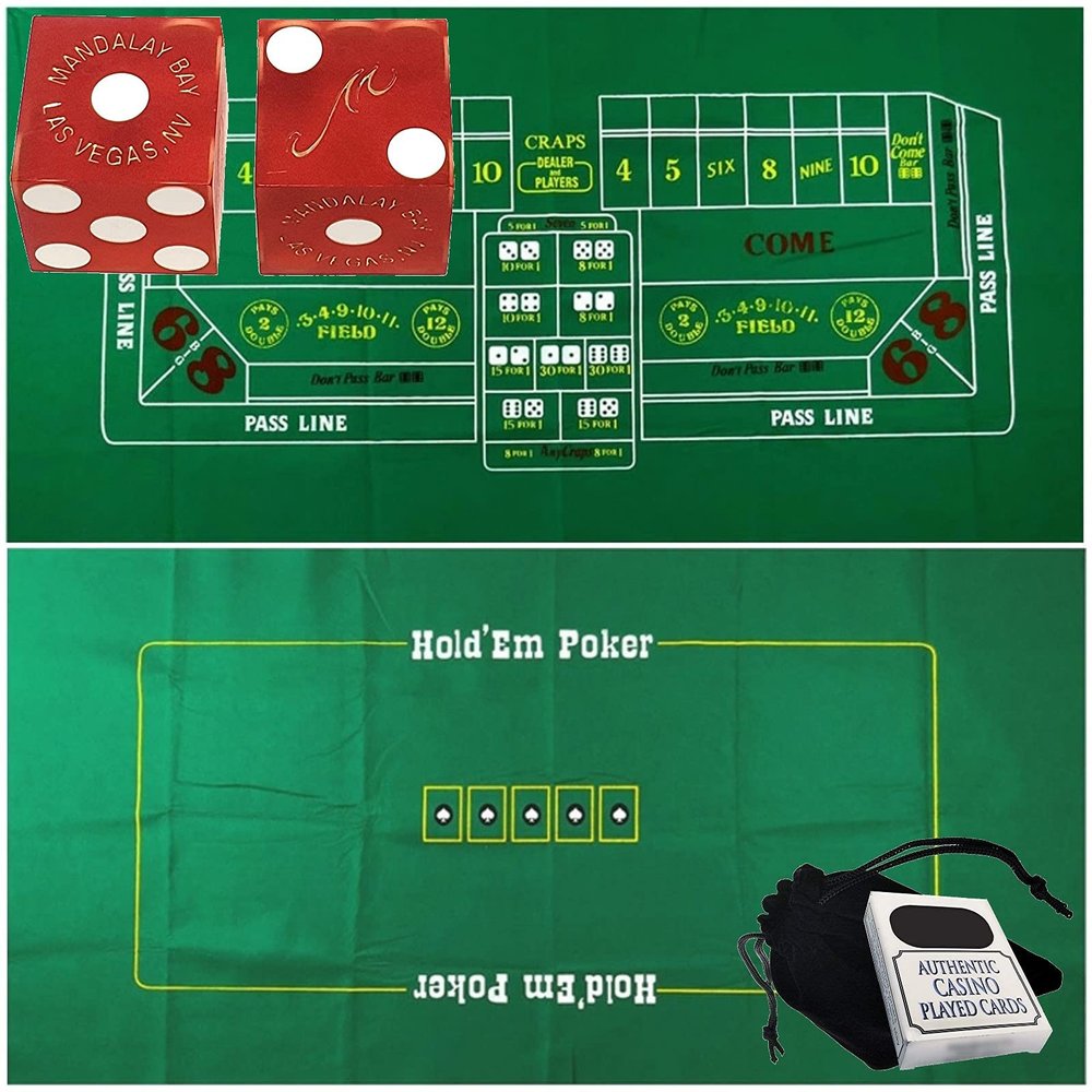 Craps & Texas Hold'em Poker Essentials Set: 2-Sided 6ft x 3ft Felt Layout, Las Vegas Casino Table-Played Dice & Cards, Plus Storage Pouch (Mandalay Bay (Red Frosted))