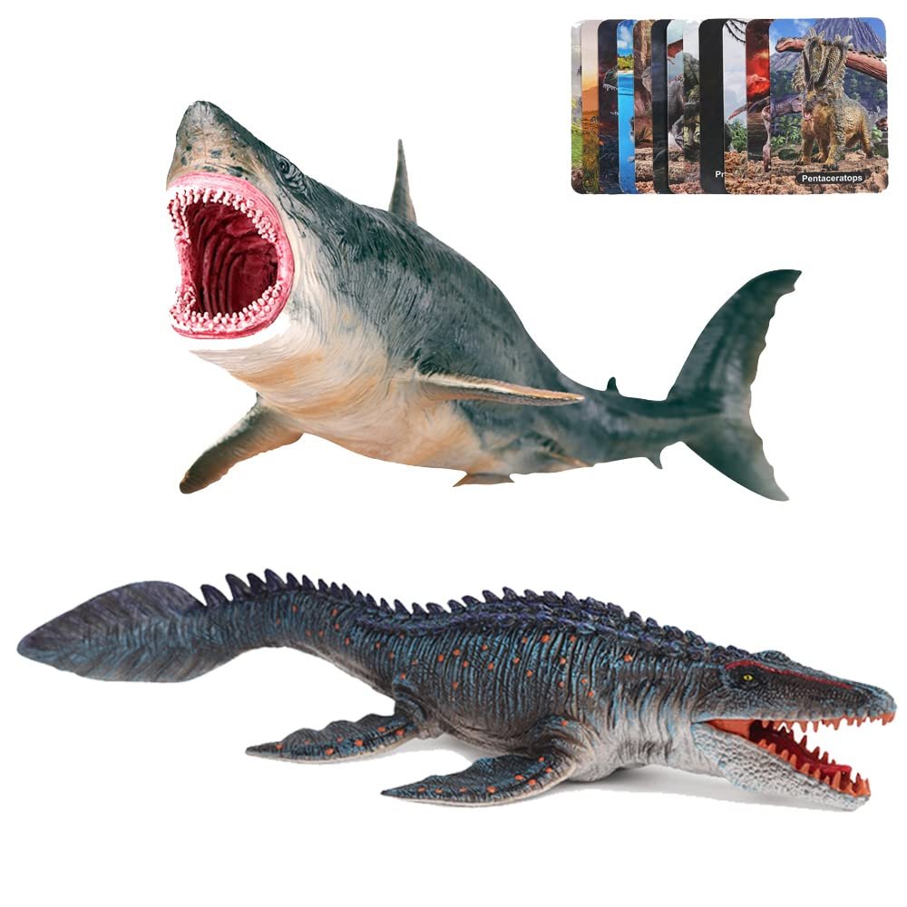 EOIVSH Megalodon & Mosasaurus Realistic Dinosaur Toys Set, Ocean Sea Monster Figures for Party Favors, Collection, Birthday Gifts
