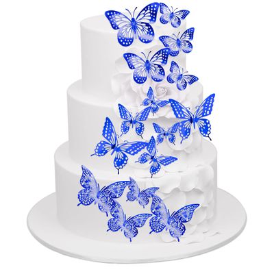 Gyufise 36 Pack Blue 3D Butterfly Cupcake Toppers Hollow Butterfly Cake Decorations for Birthday Wedding Fairy Party Butterfly Wall Sticker Decal for Background Wall Decoration