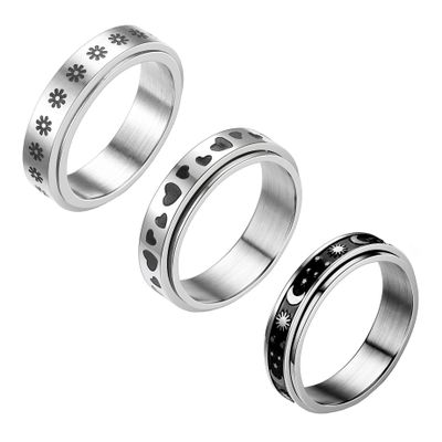 WOYNJI 3Pcs Stainless Steel Fidget Band Spinner Ring for Women Men Flower Heart Moon Stress Relieving Wedding Promise Rings Set Size 9