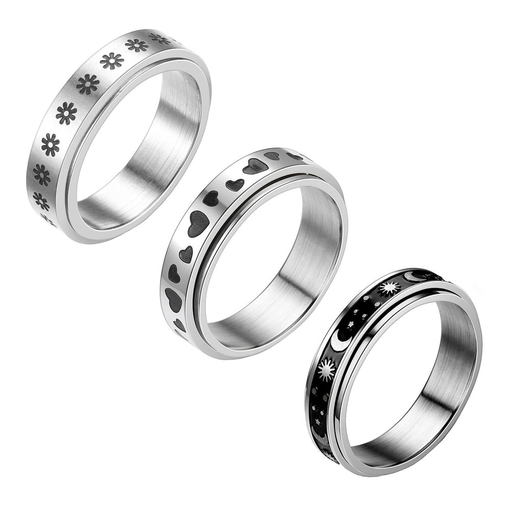 WOYNJI 3Pcs Stainless Steel Fidget Band Spinner Ring for Women Men Flower Heart Moon Stress Relieving Wedding Promise Rings Set Size 10