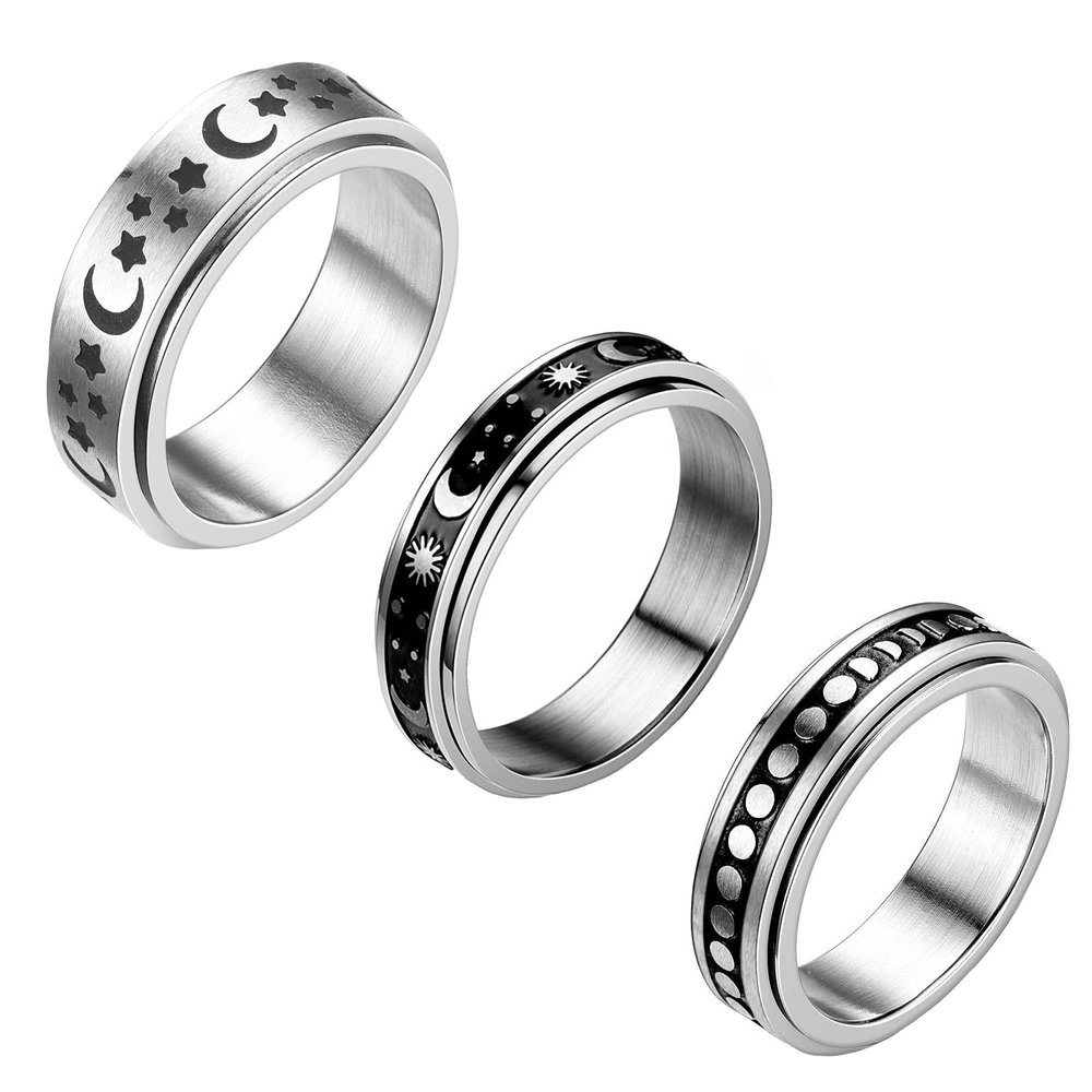 WOYNJI 3Pcs Stainless Steel Fidget Band Spinner Ring for Women Men Moon Sun Star Stress Relieving Wedding Promise Rings Set Size 6