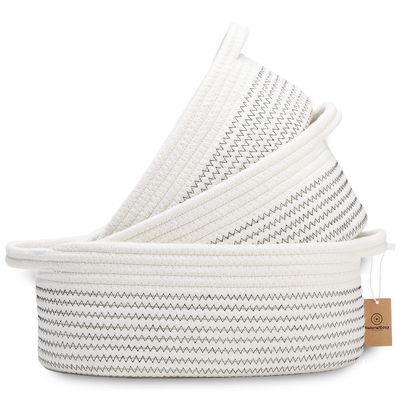 NaturalCozy 3-Piece Oval Storage Basket Set Soft Natural Rope Woven Baskets for Storage Shelf, Toy, Nursery, Gift, Baby Shower, Pets Cat Dog Bins | Small Basket for Organizing (Black Stitching)