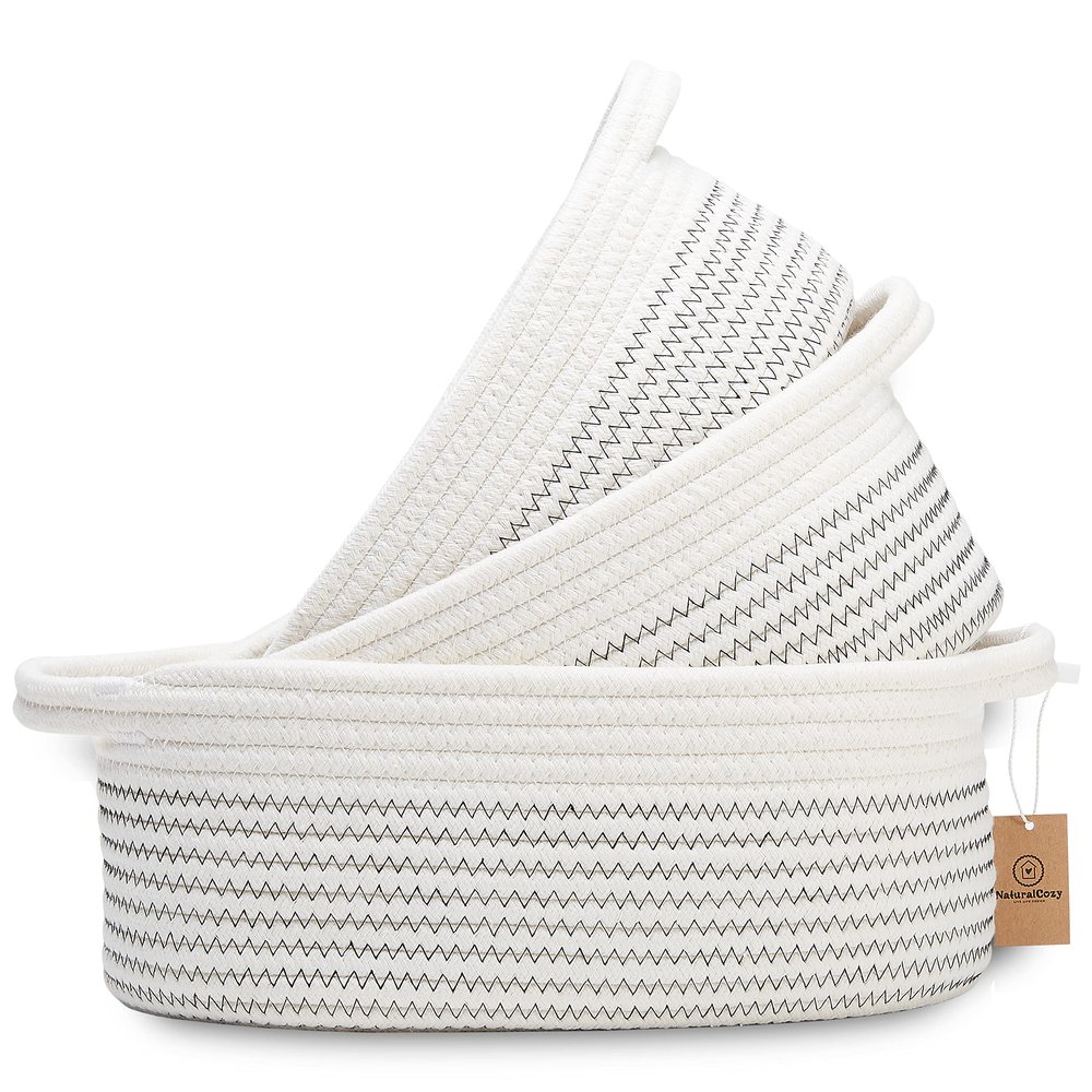 NaturalCozy 3-Piece Oval Storage Basket Set Soft Natural Rope Woven Baskets for Storage Shelf, Toy, Nursery, Gift, Baby Shower, Pets Cat Dog Bins | Small Basket for Organizing (Black Stitching)