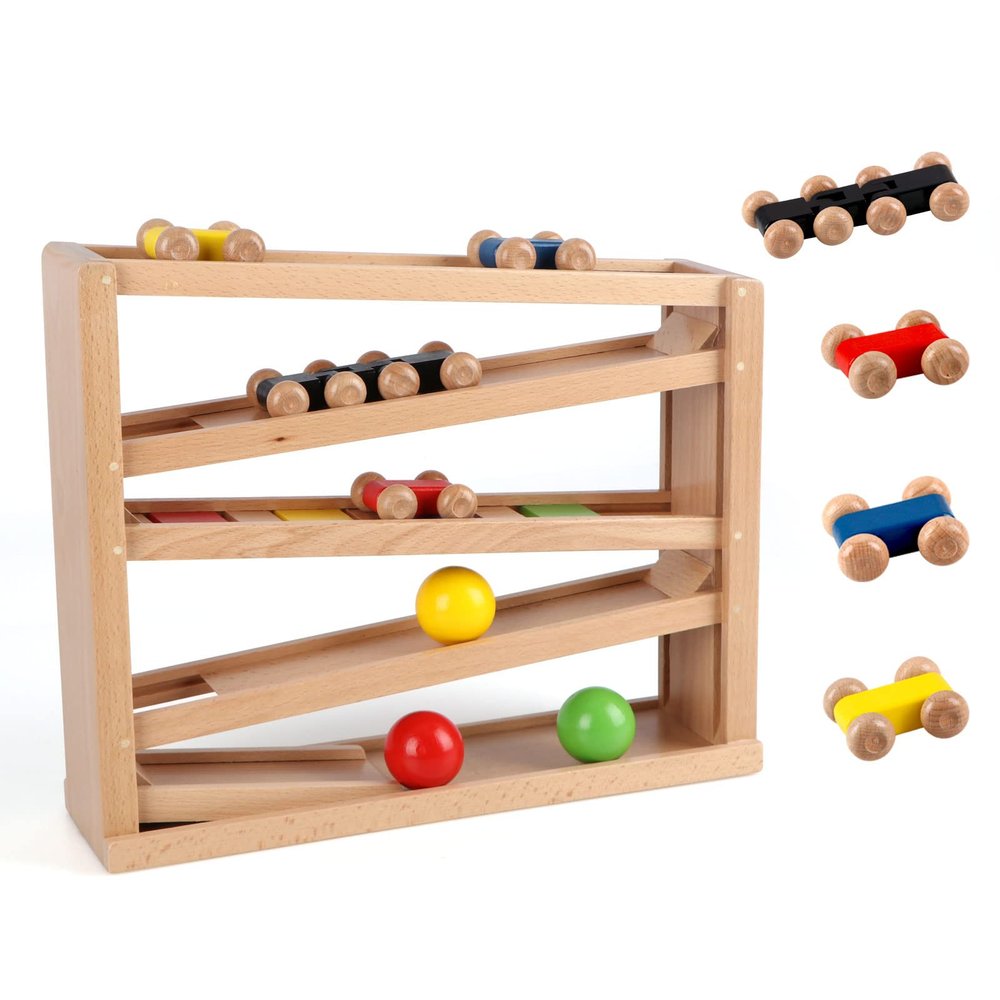 Qilay Wooden Race Track Car Ramp Racer Toy for Toddlers, 5 Level Race Car Ramp Toy Set Includes 4 Wood Cars and 3 Balls,Great Building Learning Toys or 3+ Years Old Boy and Girl