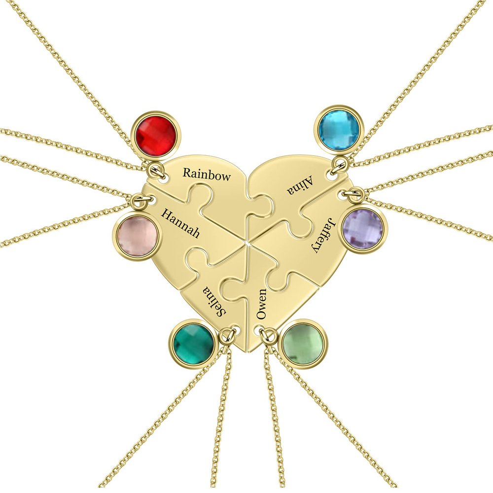 MissNaNa BFF Necklace Personalized Stitching Necklace with Birthstone 2/3/4/5/6 Pcs Customized Heart Puzzle Necklace for Family BFF Friendship Pendants (Set of 6)