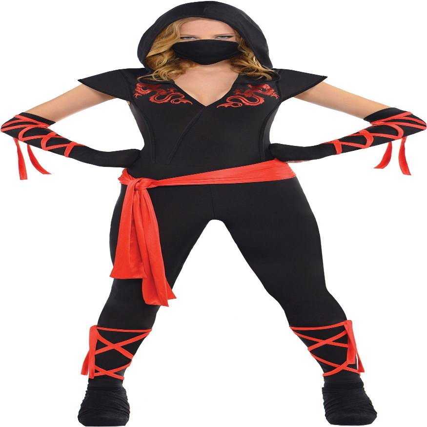 Black & Red Dragon Fighter Ninja Costume - Women's Medium (6-8) - Perfect For Halloween, Cosplay, & Themed Parties - 1 Set