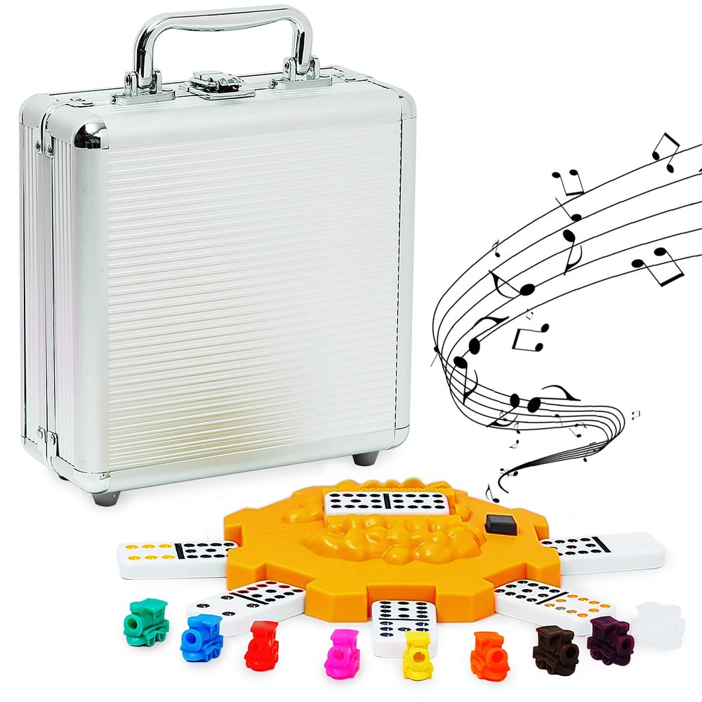 Yinlo Mexican Train Dominoes Set, Double 12 Dominoes Set: Colorful Dot Pips, Real Train Sound Effect Hub, Score Pad and 9 Colorful Trains, 91 Tiles Domino Game Set