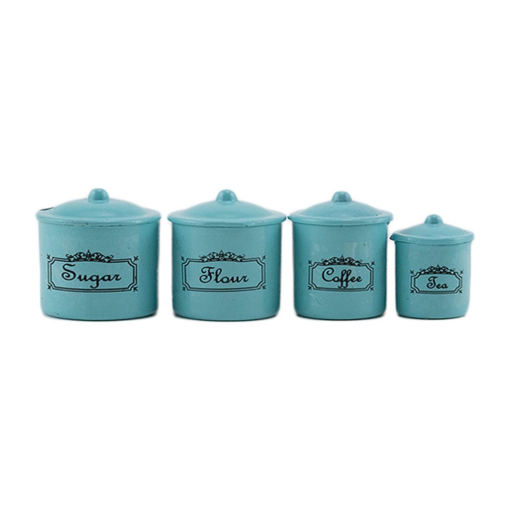 Melody Jane Dolls Houses Dollhouse 4 Turquoise Blue Canisters Storage Jars Miniature Kitchen Accessory