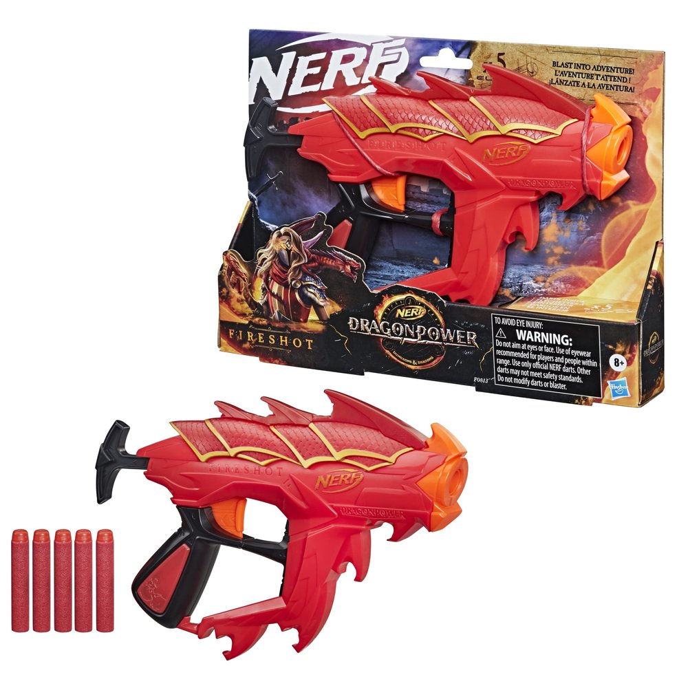Nerf DragonPower Fireshot Dart Blaster, Inspired by Dungeons and Dragons, 5 Nerf Darts, 4-Dart Storage, Priming Handle