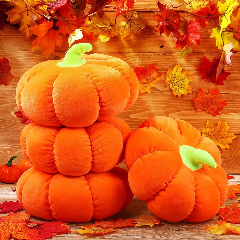 4 Pieces Stuffed Pumpkin Fluffy Pumpkin Plush Toy Thanksgiving Halloween Pumpkins Decorative Couch Throw Pillow Pumpkin Toys Gift for Kids Toddlers Babies Orange (25 cm/ 9.8 Inch)