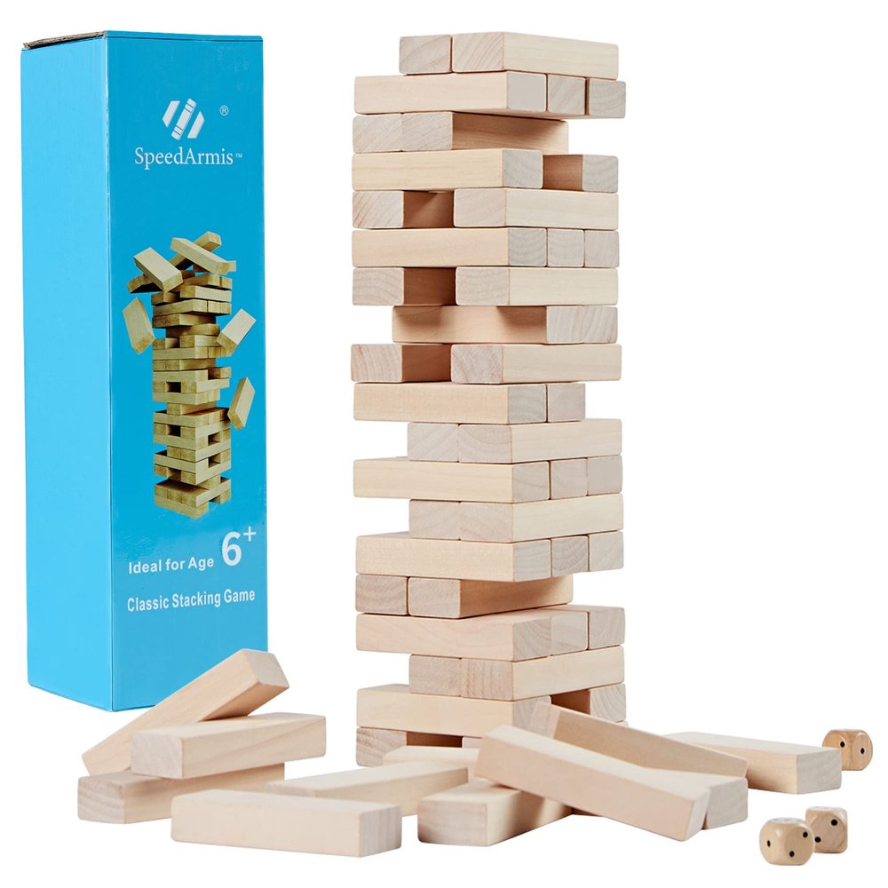 SpeedArmis Mini Tumble Tower, 54PCS Wooden Stacking Game for Teens - Pine Stack Timber Board Games with 4 Dice Set - Classic Xmas Gifts for Teens