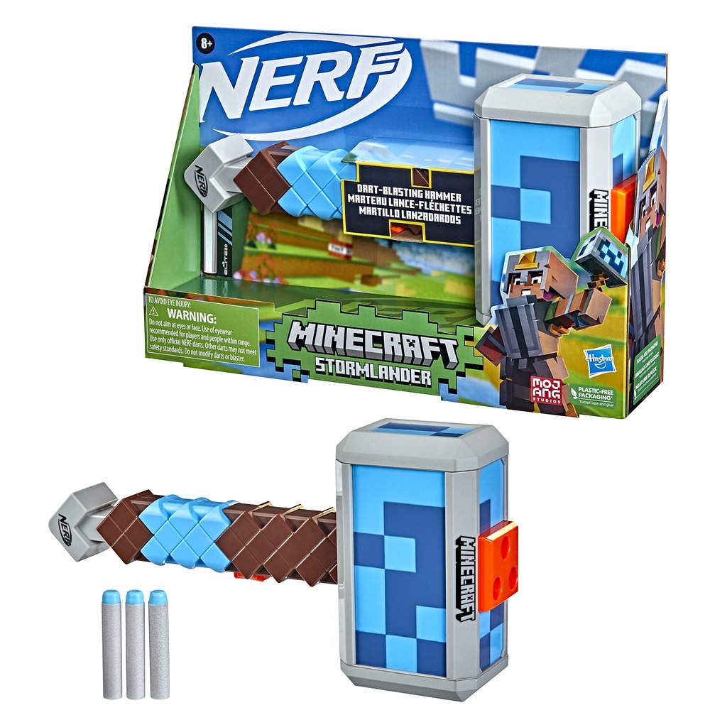 Nerf Minecraft Stormlander Dart-Blasting Hammer, Fires 3 Darts, Includes 3 Nerf Elite Darts, Pull-Back Priming Handle Multicolor 5010993948758