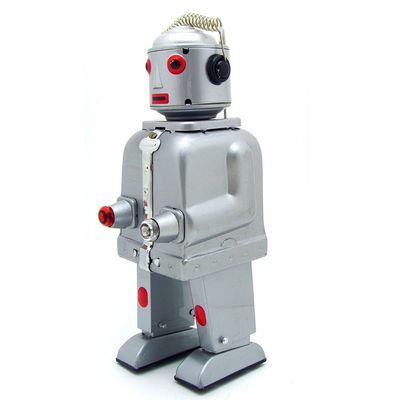 Charmgle Retro Wind-up Tin Toy Handmade Robot Tintoy Electric with Flashing Lights Birthday Gifts Adult Collection Home Cafe Store Decoration Xmas Party Favor Silver