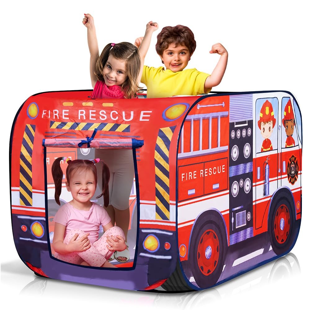 ArtCreativity Fire Truck Tent with Carry Bag, Pop Up Indoor Tent for Kids - Fire Truck Pop Up, Indoor Playhouse with 2 Openings, Flat-Folding for Compact Storage, 43.5 x 28 x 26.5 Inches