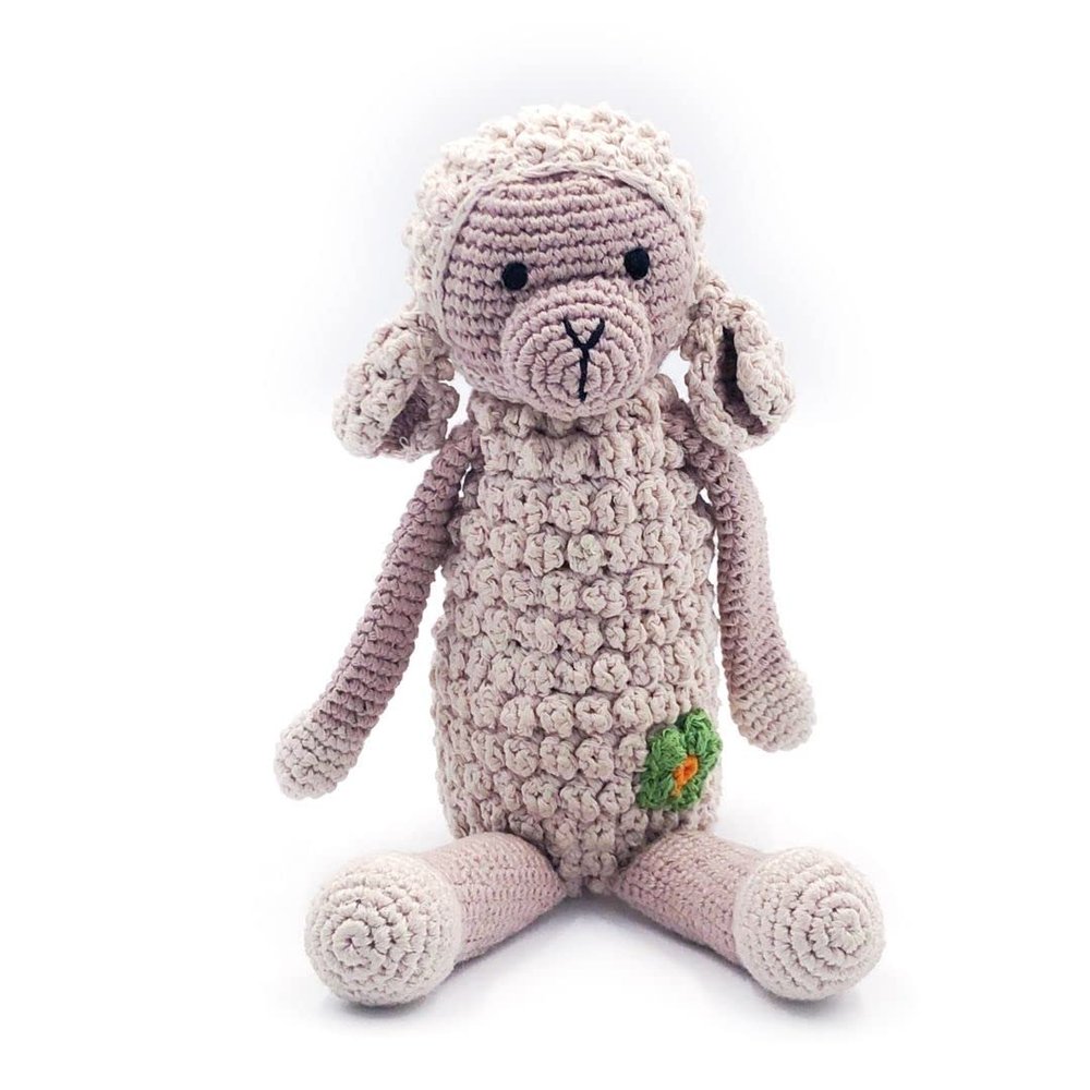 Pebble Fair Trade Handmade Crochet Cotton Farm Animal - Lamb Rattle, 12-inch Length