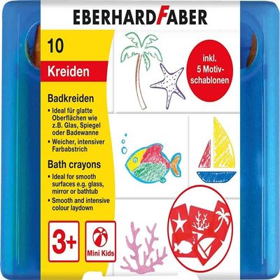 Eberhard Faber 524110 Bath Chalk for Children for Painting and Drawing on Tiles and Mirrors, Case with 10 Chalk Colours and 5 Motif Stencils